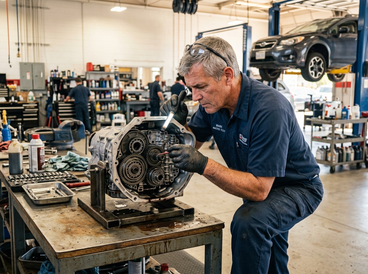 Expert mechanic inspecting a transmission